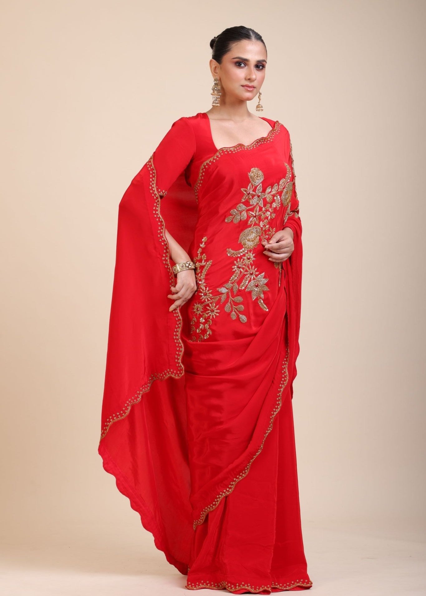 Red Designer Hand Embroidered Saree in Crepe Silk - Anvi Couture