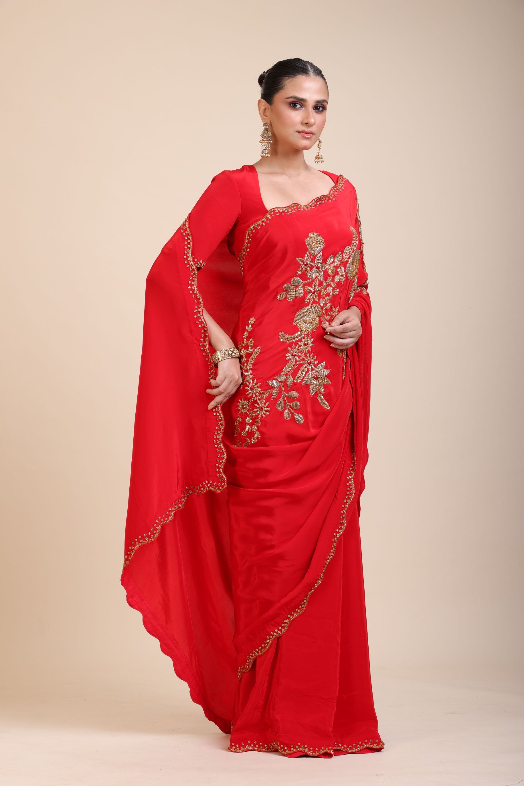 Red Designer Hand Embroidered Saree in Crepe Silk -Side
 