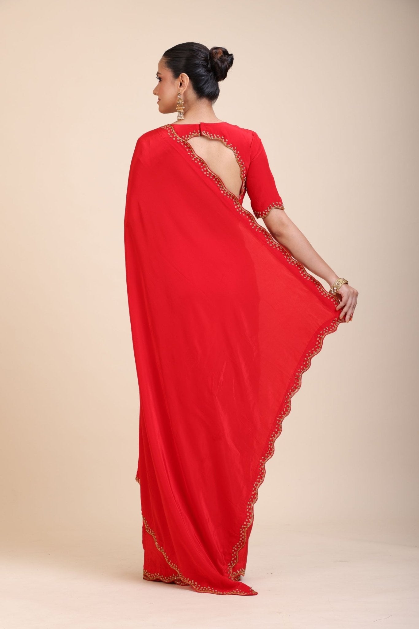 Red Designer Hand Embroidered Saree in Crepe Silk - Anvi Couture