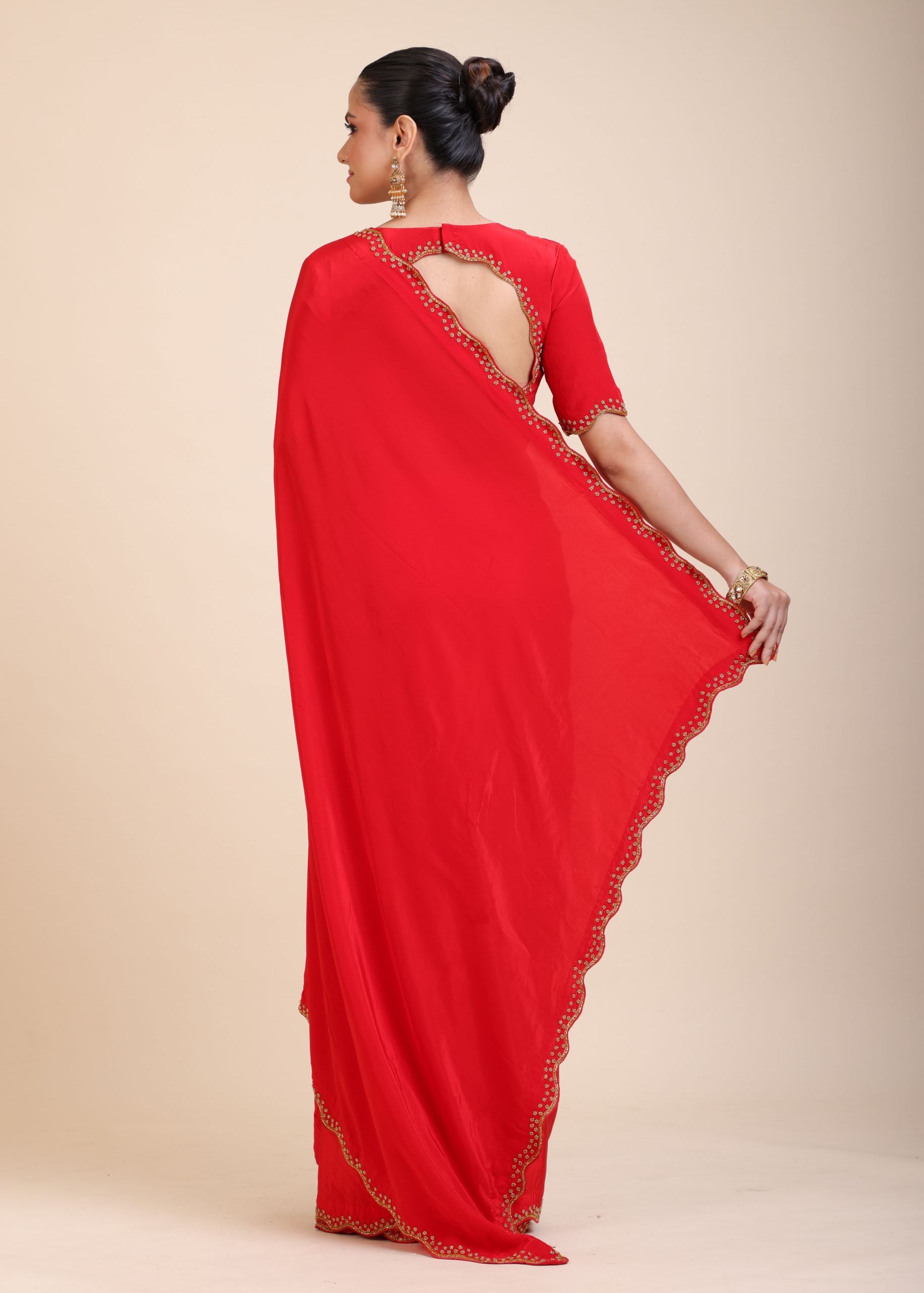 Red Designer Hand Embroidered Saree in Crepe Silk - Back
