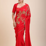 Red Designer Hand Embroidered Saree in Crepe Silk full