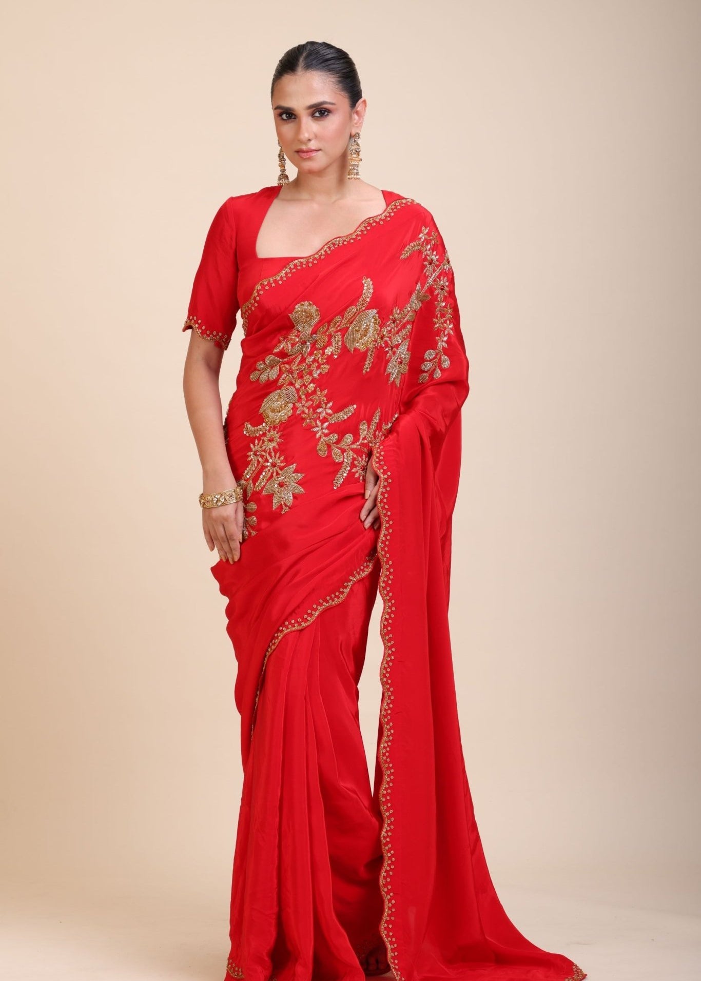 Red Designer Hand Embroidered Saree in Crepe Silk - Anvi Couture