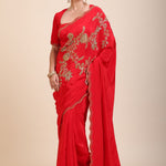 Red Designer Hand Embroidered Saree in Crepe Silk front