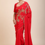 Red Designer Hand Embroidered Saree in Crepe Silk front