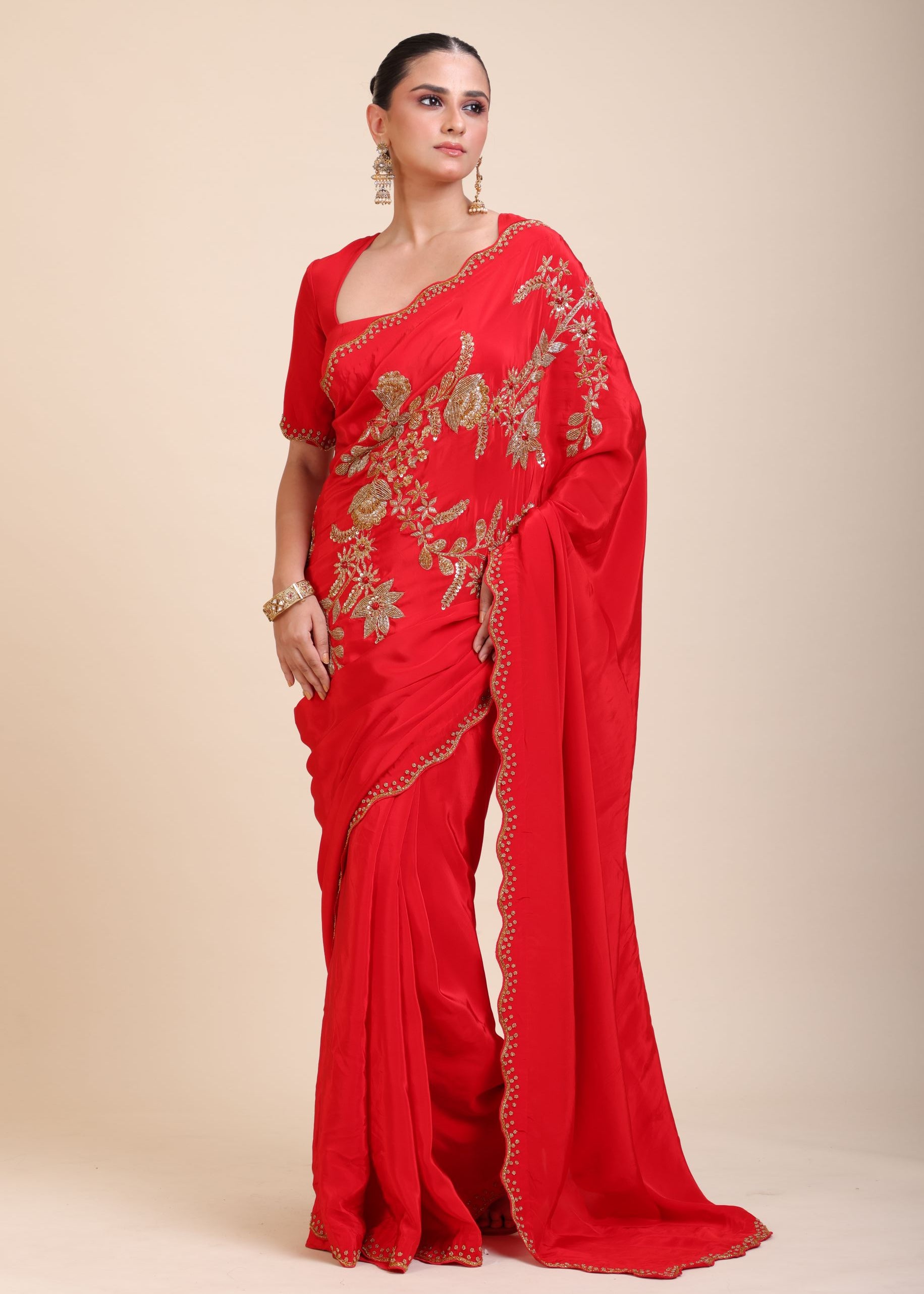 Red Designer Hand Embroidered Saree in Crepe Silk front
