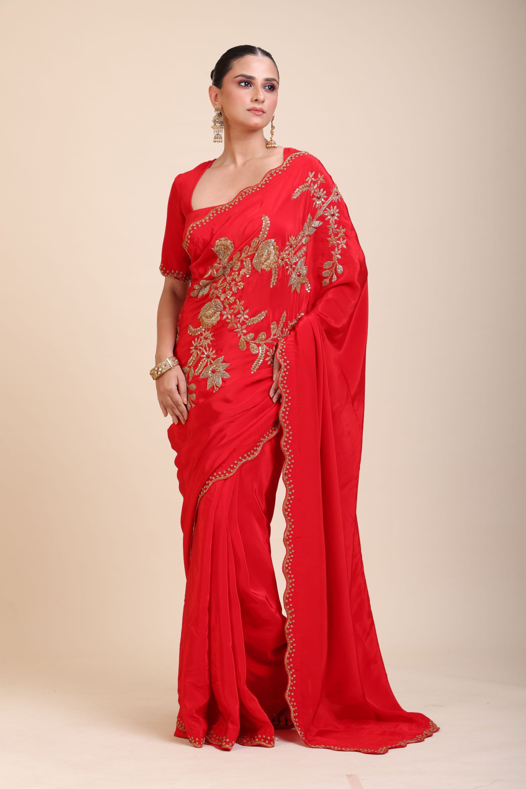 Red Designer Hand Embroidered Saree in Crepe Silk front