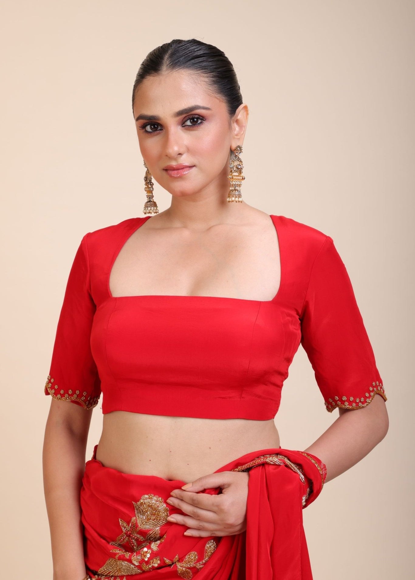 Red Designer Hand Embroidered Saree in Crepe Silk - Anvi Couture