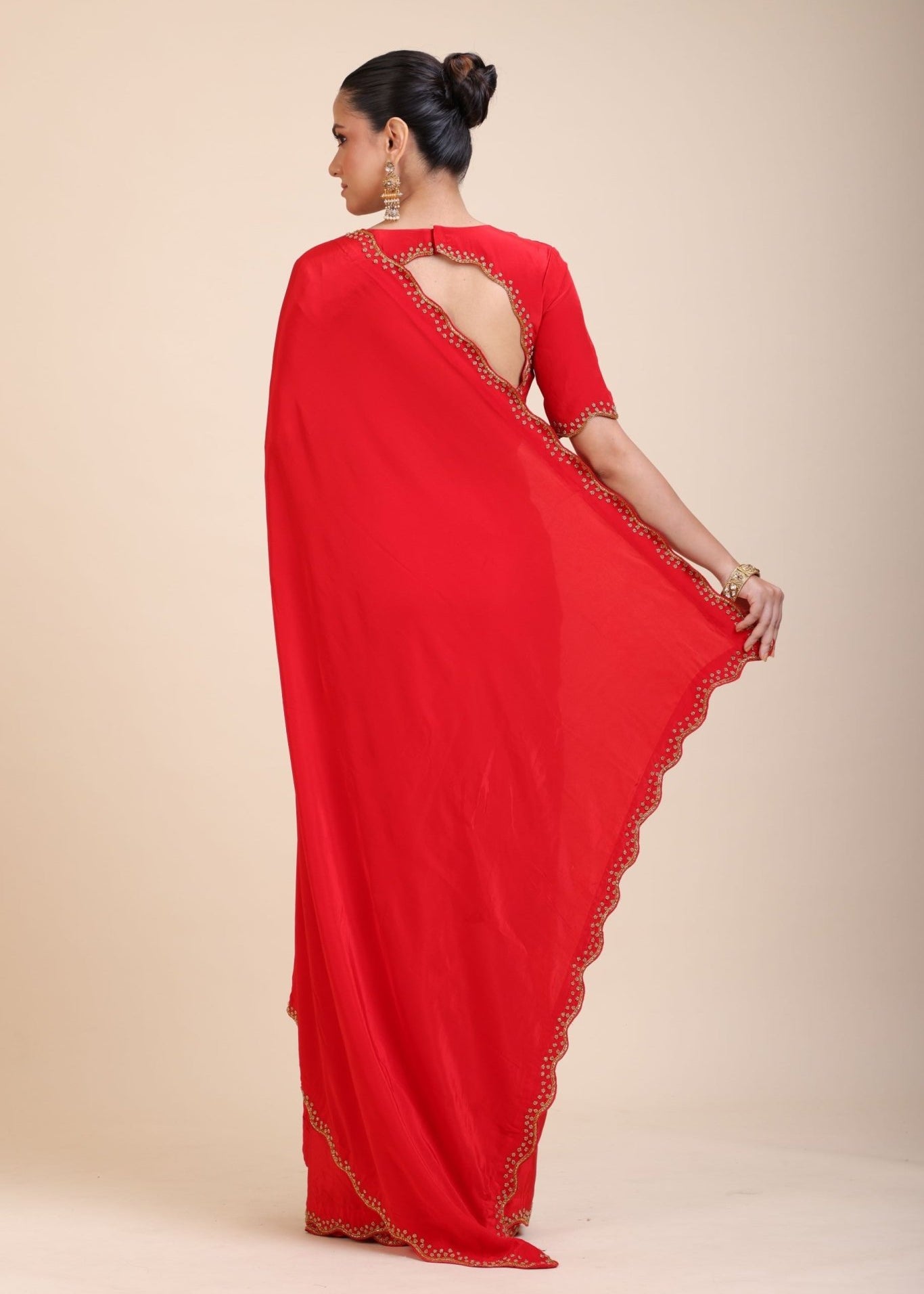 Red Designer Hand Embroidered Saree in Crepe Silk - Anvi Couture