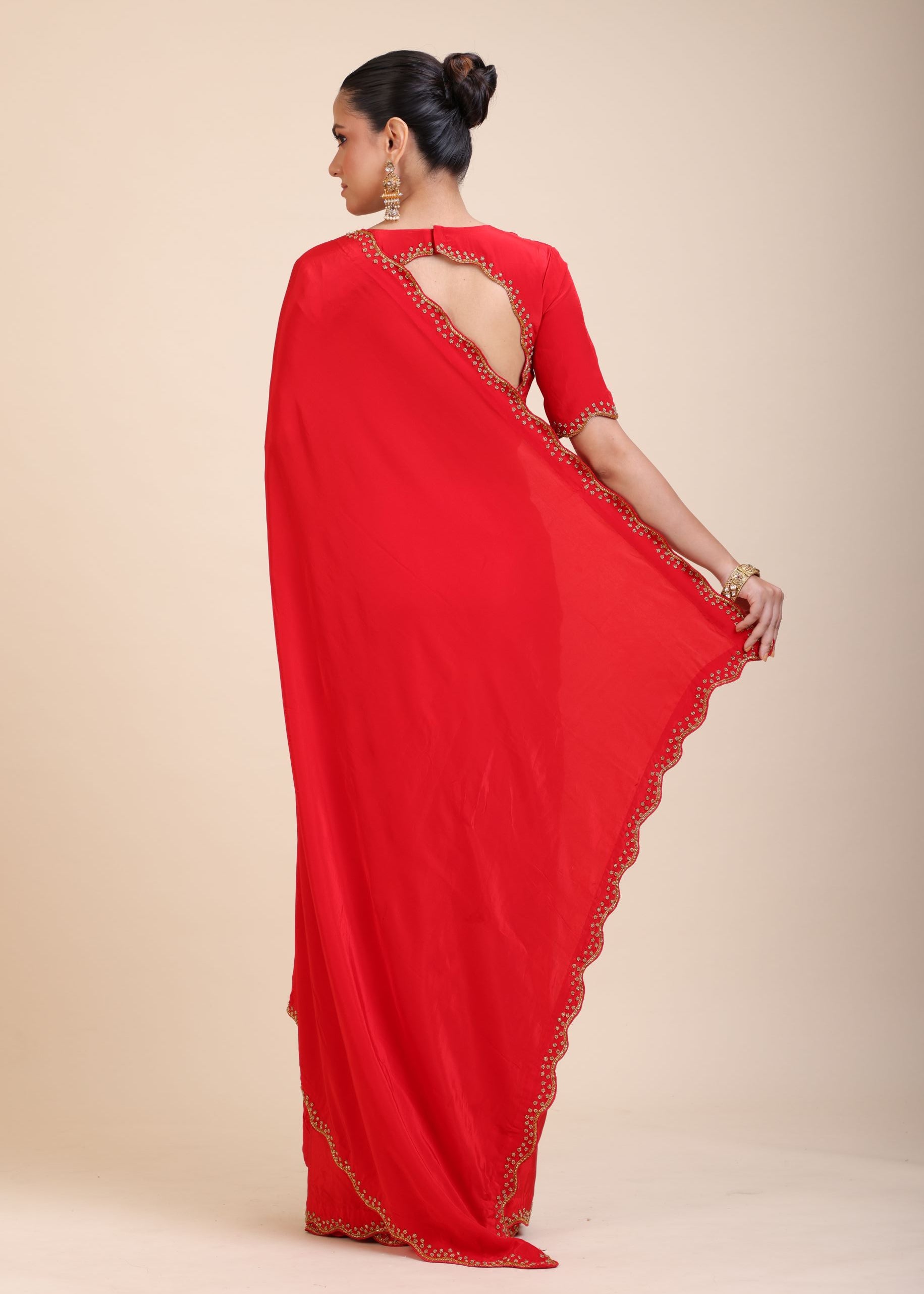 Red Designer Hand Embroidered Saree in Crepe Silk back