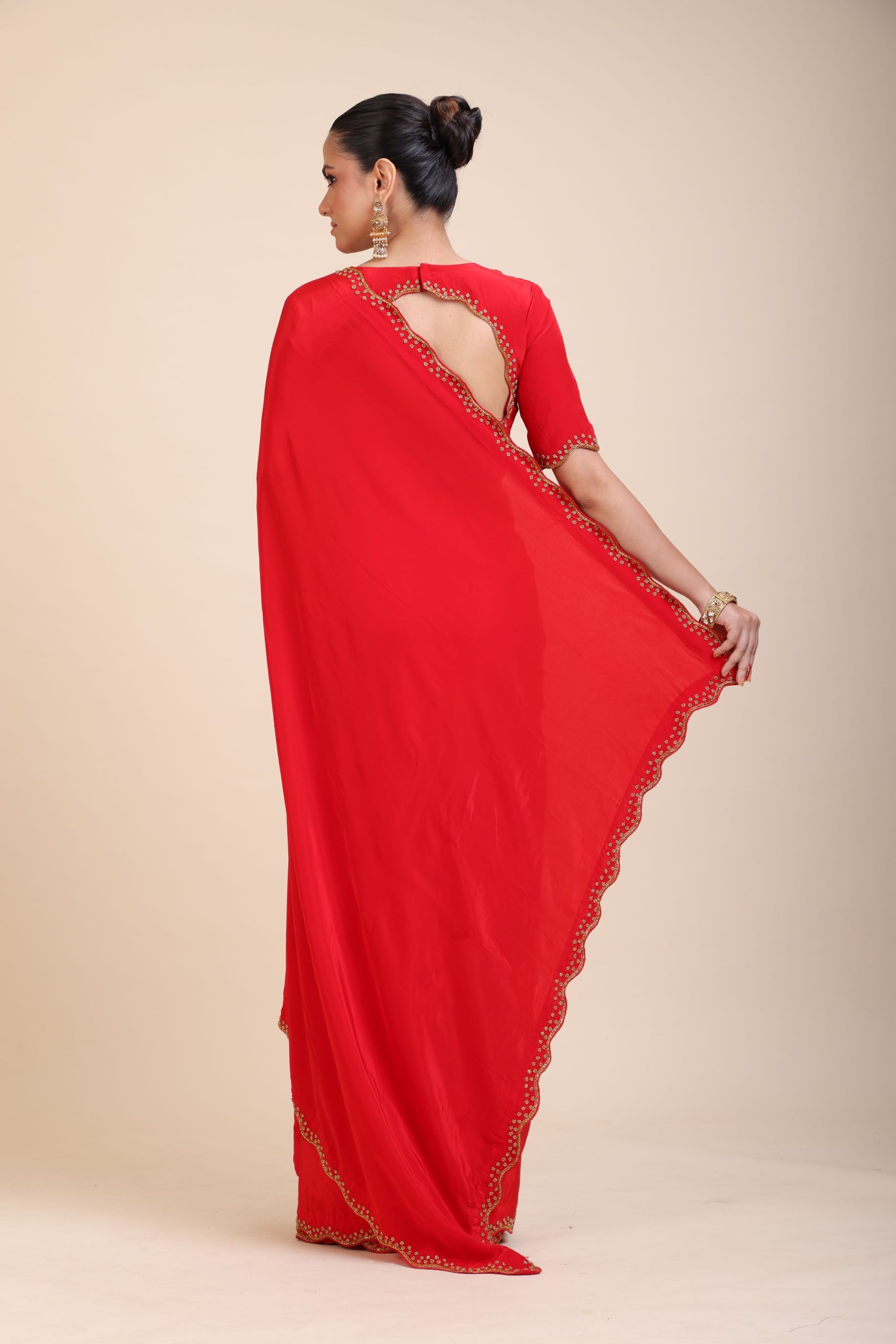 Red Designer Hand Embroidered Saree in Crepe Silk back