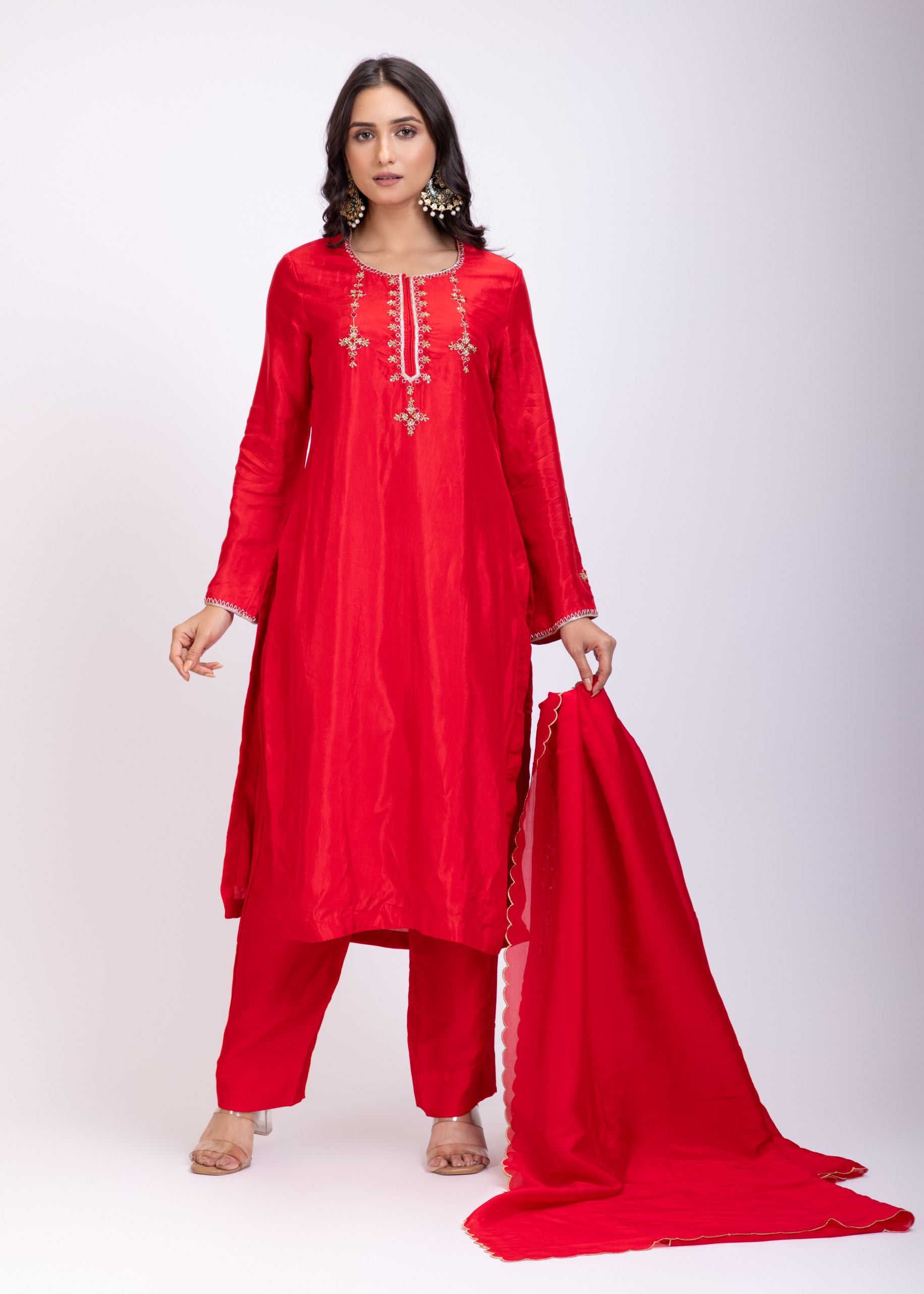 Red Designer Kurti Set With Hand Embroidery full