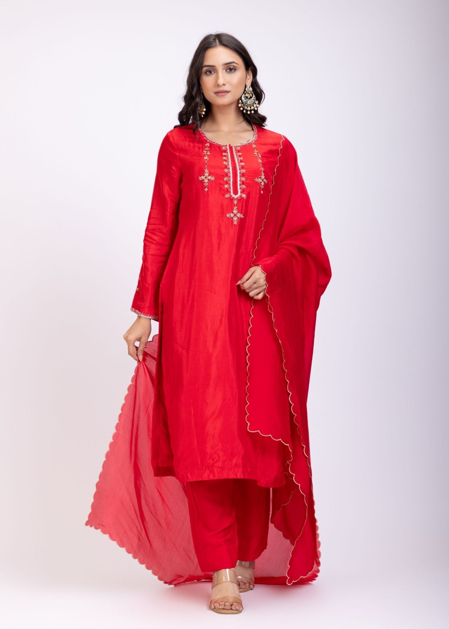 Red Designer Kurti Set With Hand Embroidery - Anvi Couture