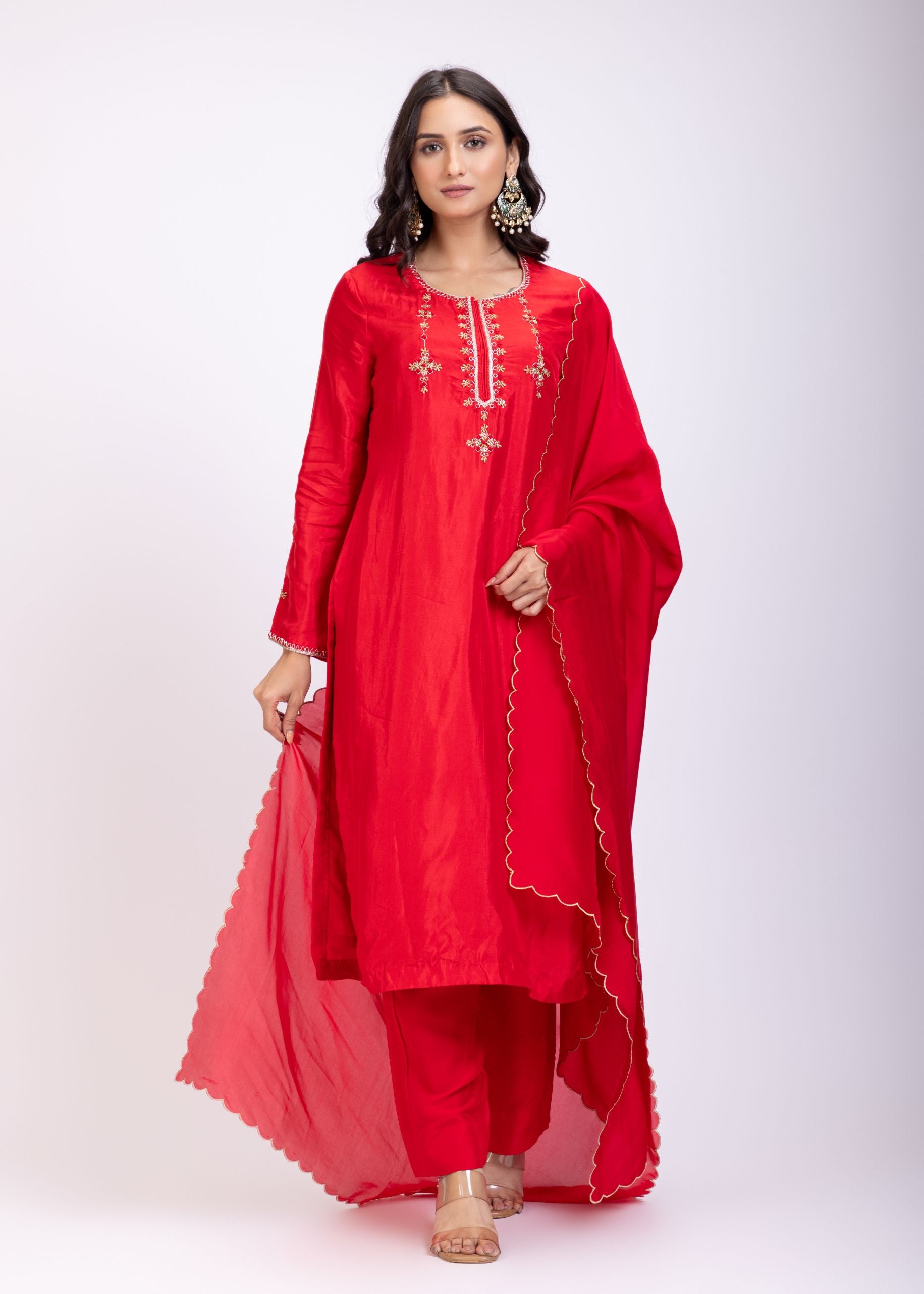Red Designer Kurti Set With Hand Embroidery front