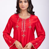 Red Designer Kurti Set With Hand Embroidery close up