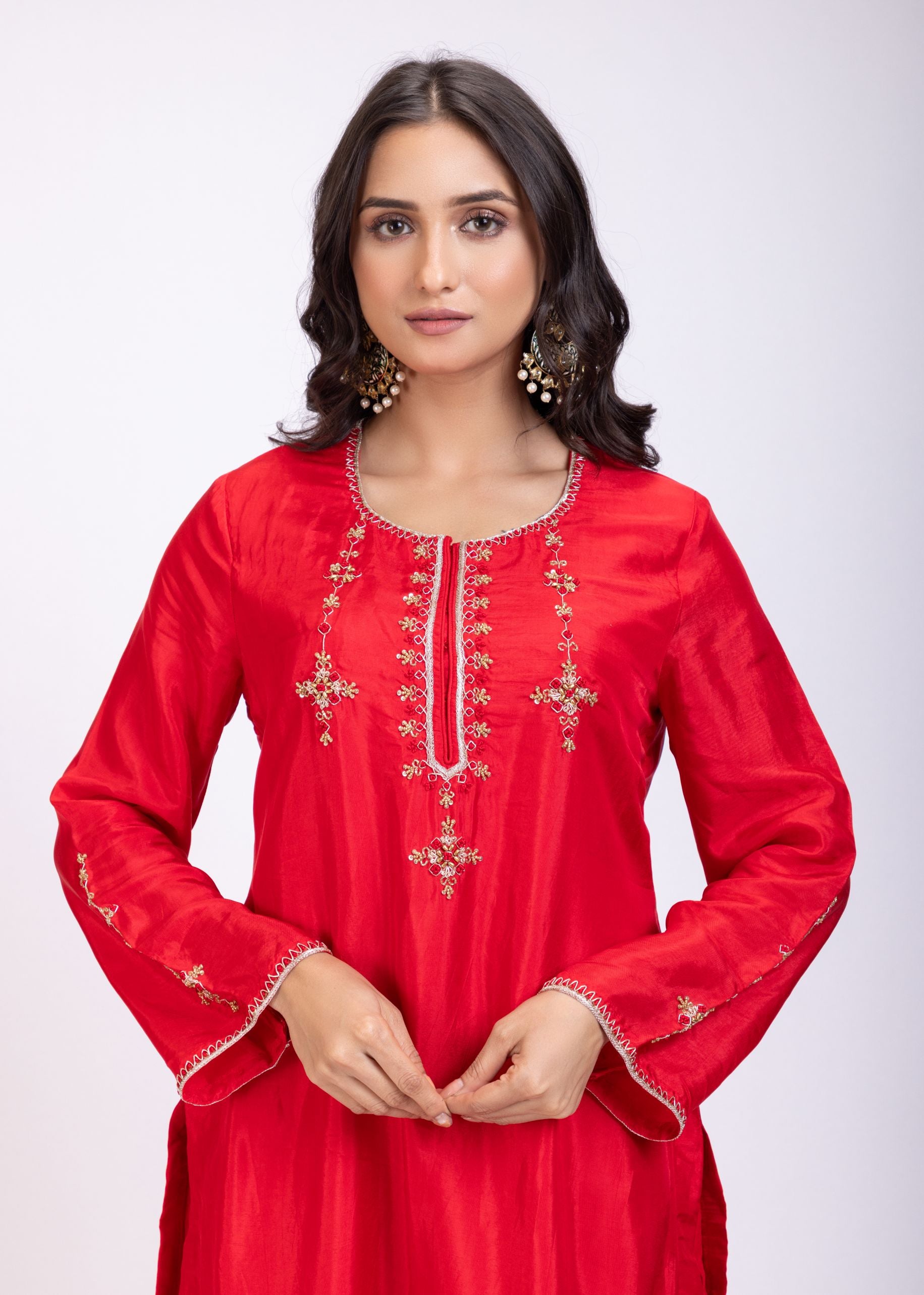 Red Designer Kurti Set With Hand Embroidery close up