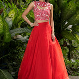 Red Designer Lehenga with Hand Embroidered Work & Scallop Dupatta - Anvi Couture