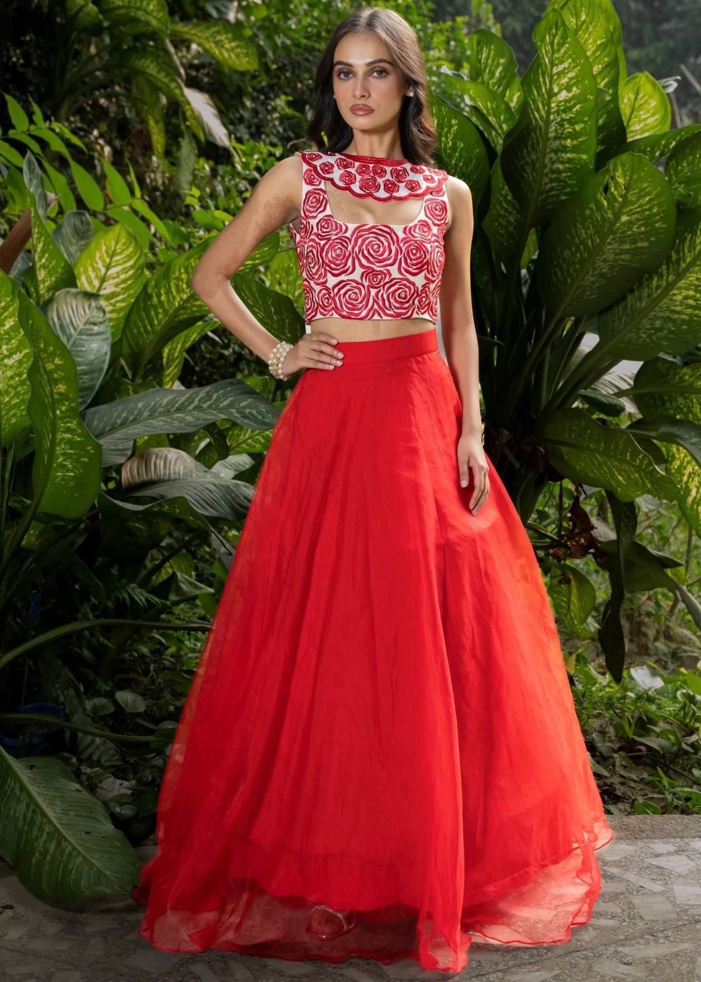 Red Designer Lehenga with Hand Embroidered Work & Scallop Dupatta - Anvi Couture