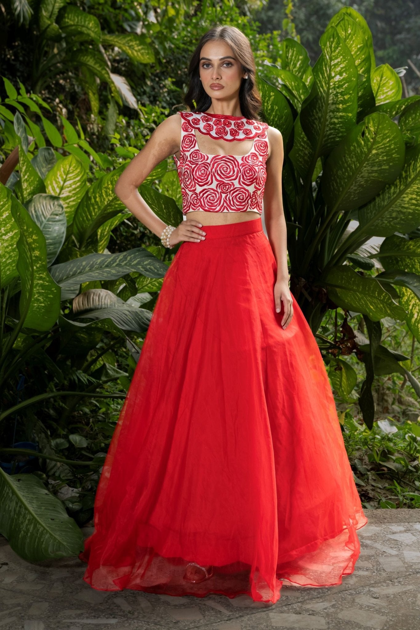 Red Designer Lehenga with Hand Embroidered Work & Scallop Dupatta - Anvi Couture