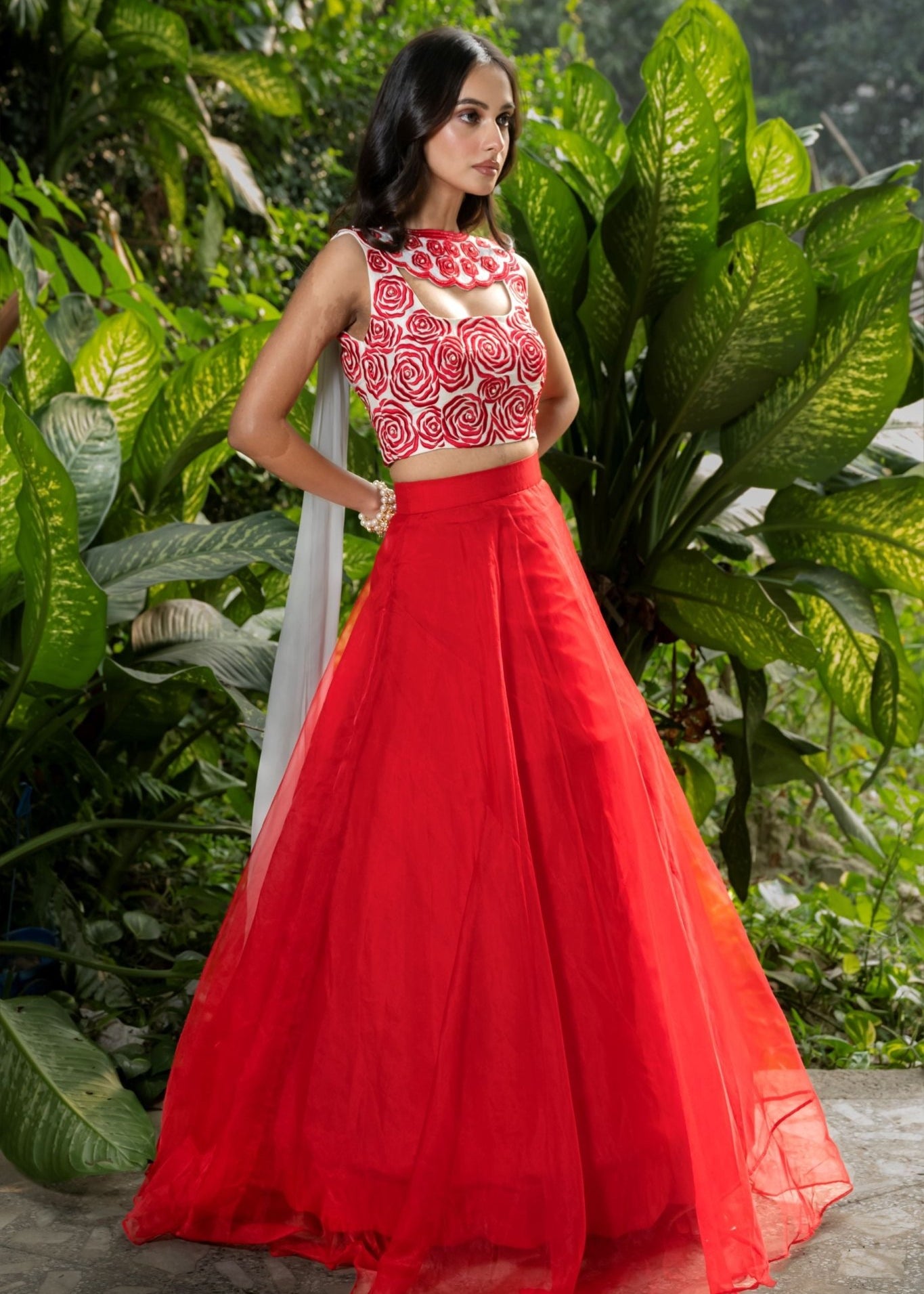 Red Designer Lehenga with Hand Embroidered Work & Scallop Dupatta - Anvi Couture