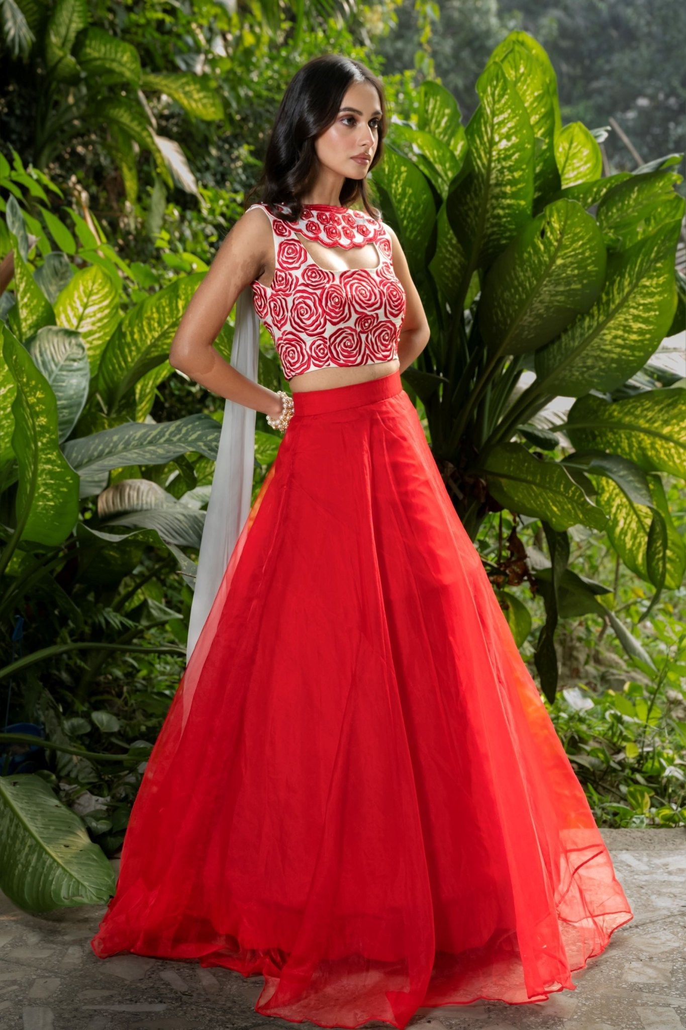 Red Designer Lehenga with Hand Embroidered Work & Scallop Dupatta - Anvi Couture