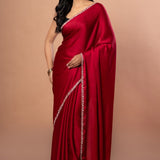 Red Designer Satin Silk Hand Embroidered Saree - Anvi Couture