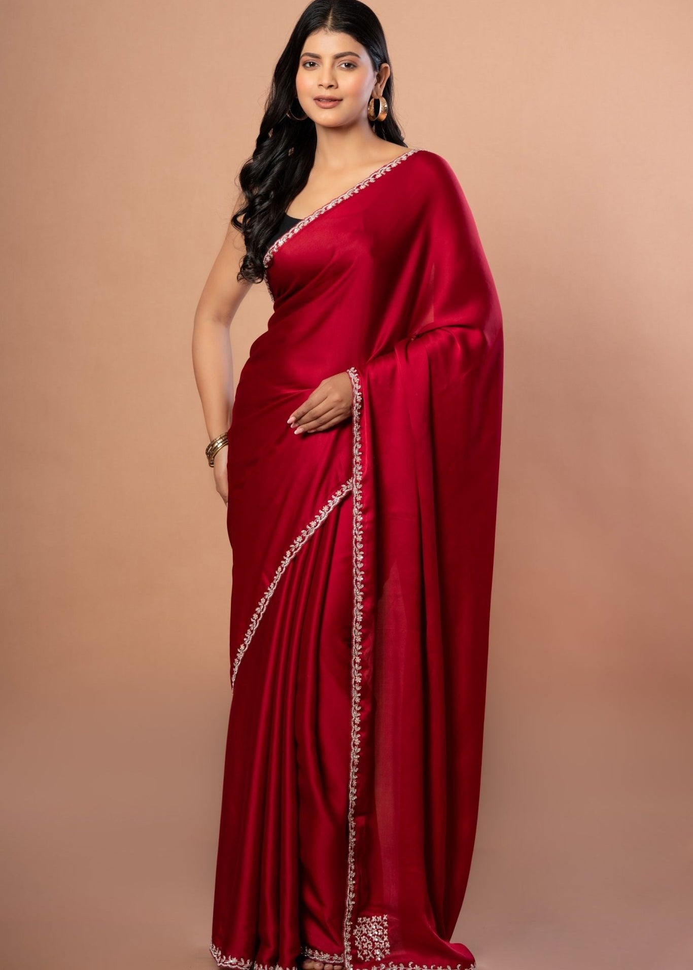 Red Designer Satin Silk Hand Embroidered Saree - Anvi Couture