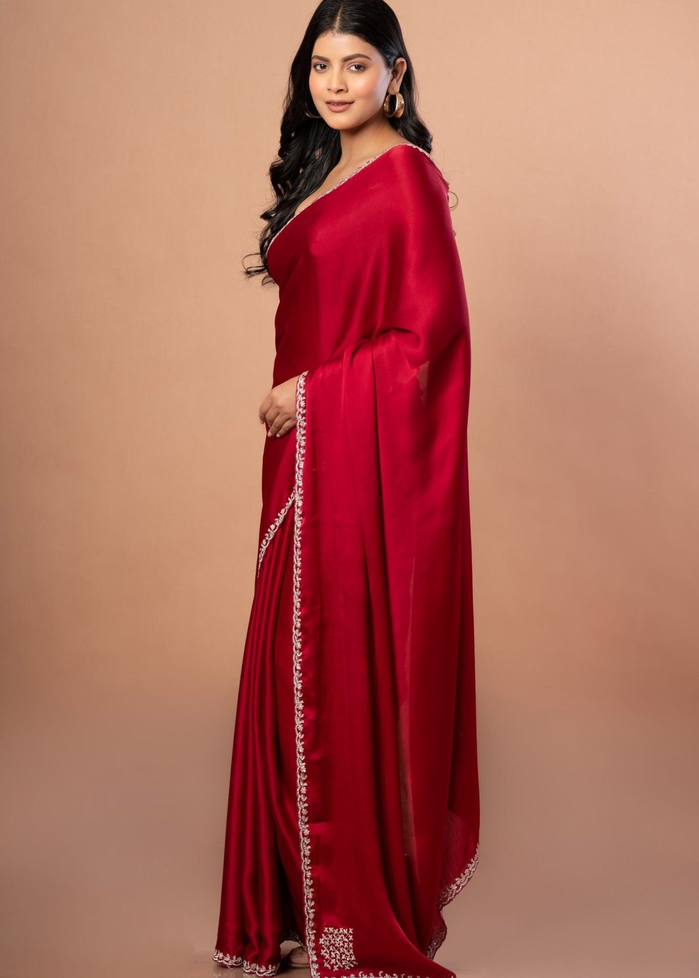 Red Designer Satin Silk Hand Embroidered Saree - Anvi Couture