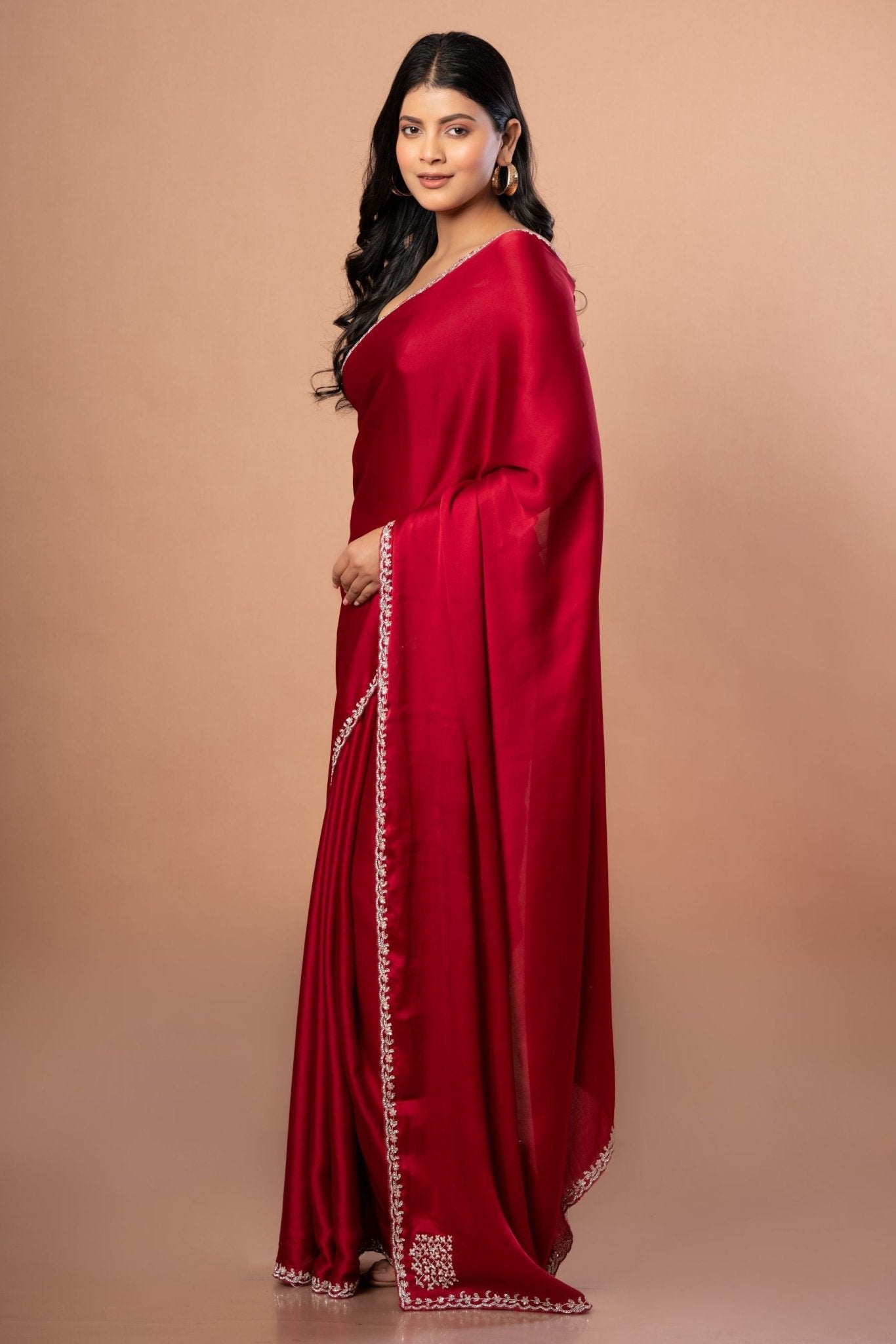 Red Designer Satin Silk Hand Embroidered Saree - Anvi Couture