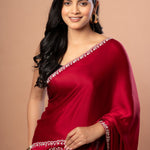 Red Designer Satin Silk Hand Embroidered Saree - Anvi Couture