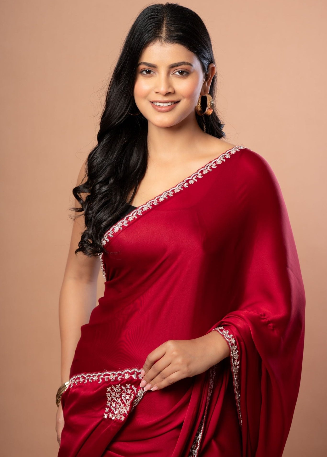 Red Designer Satin Silk Hand Embroidered Saree - Anvi Couture