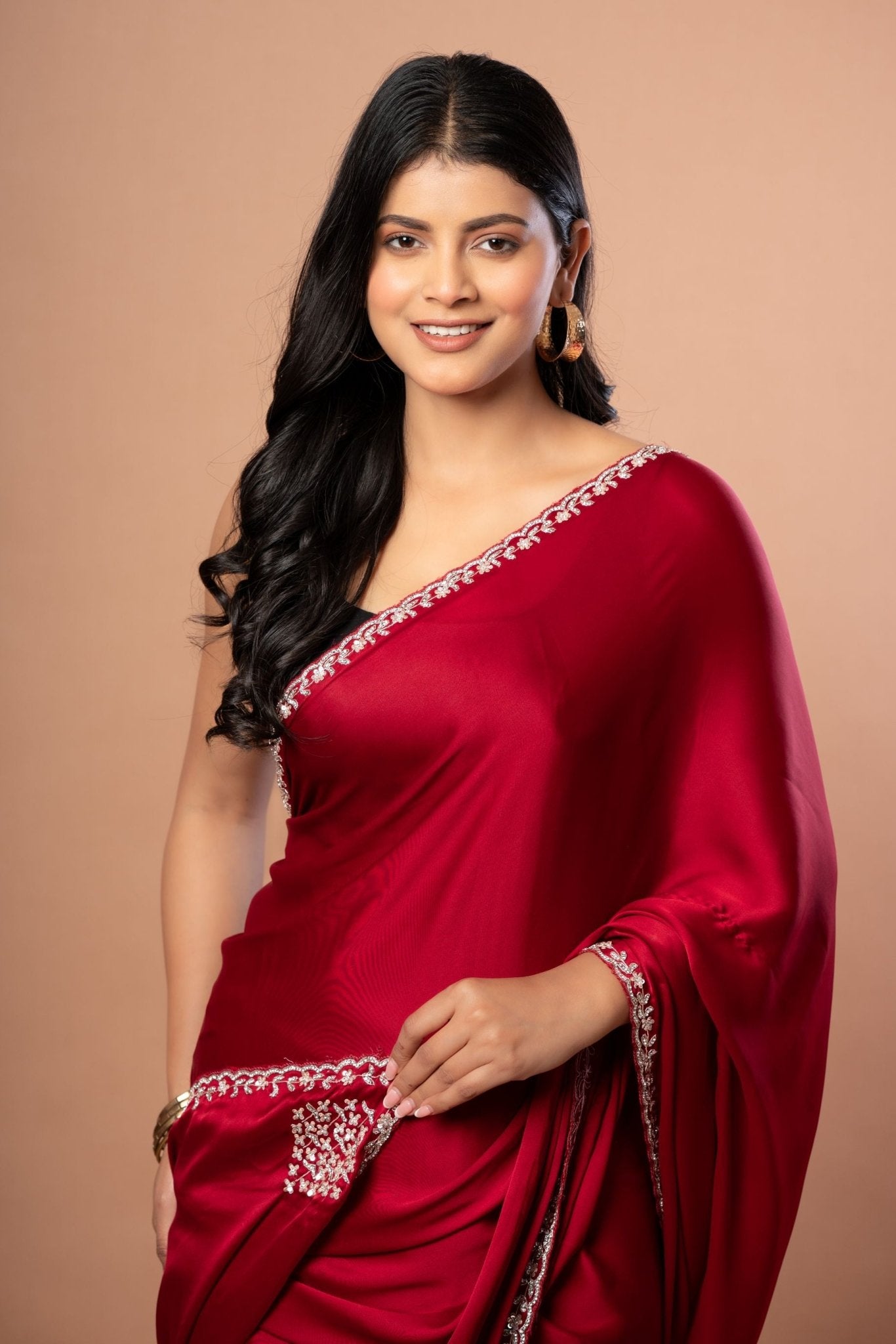 Red Designer Satin Silk Hand Embroidered Saree - Anvi Couture