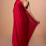Red Designer Satin Silk Hand Embroidered Saree - Anvi Couture