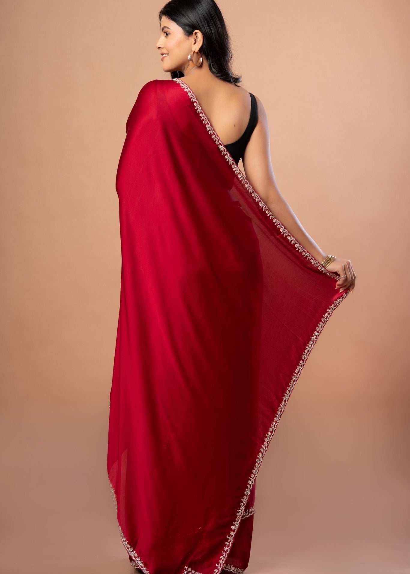 Red Designer Satin Silk Hand Embroidered Saree - Anvi Couture