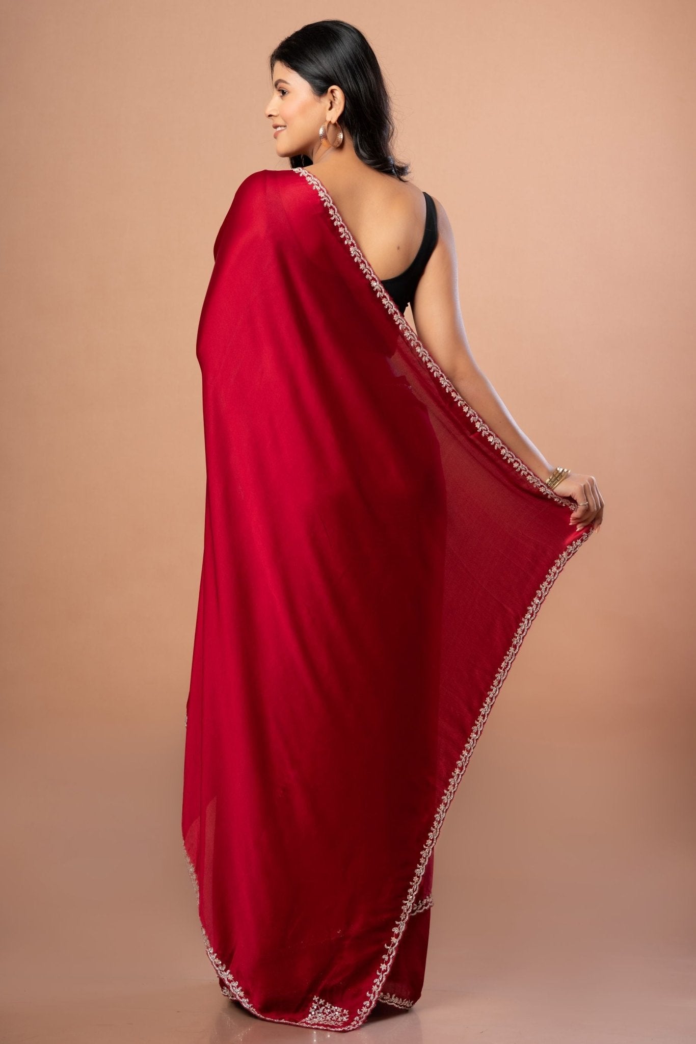 Red Designer Satin Silk Hand Embroidered Saree - Anvi Couture
