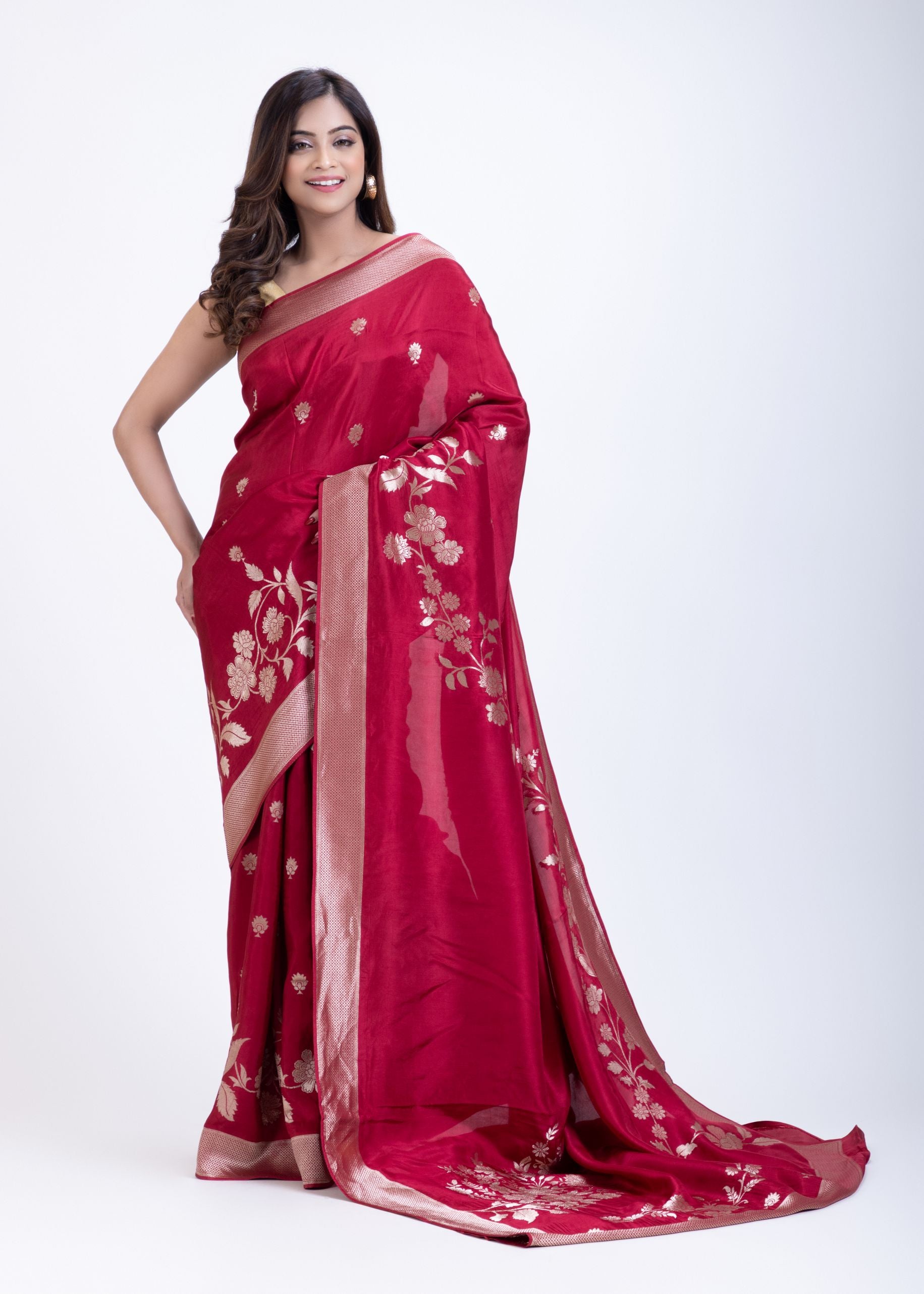Red Dola Silk Saree With Silver Zari All Over Floral Weaving Front
