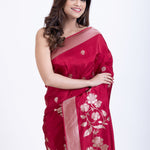 Red Dola Silk Saree With Silver Zari All Over Floral Weaving Close Up
