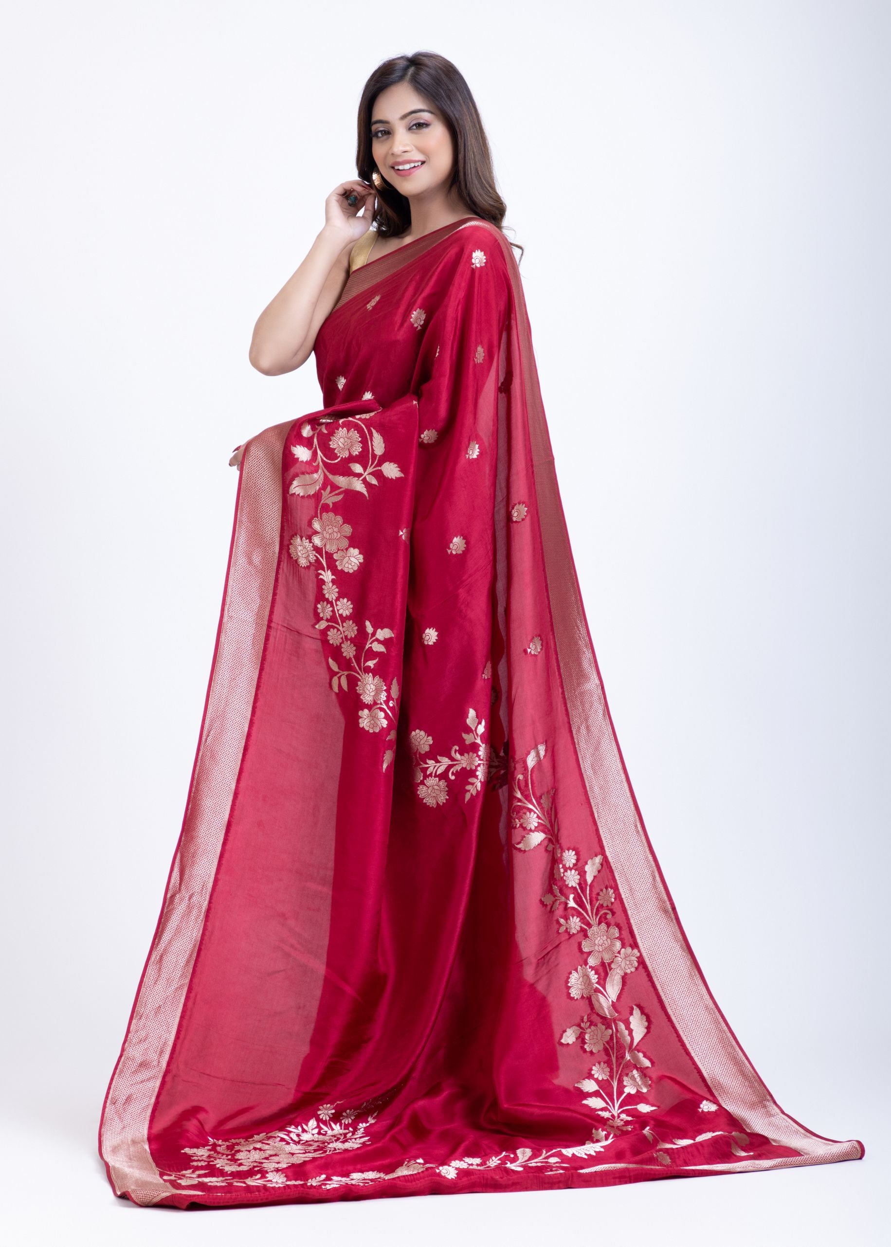 Red Dola Silk Saree With Silver Zari All Over Floral Weaving Back
 