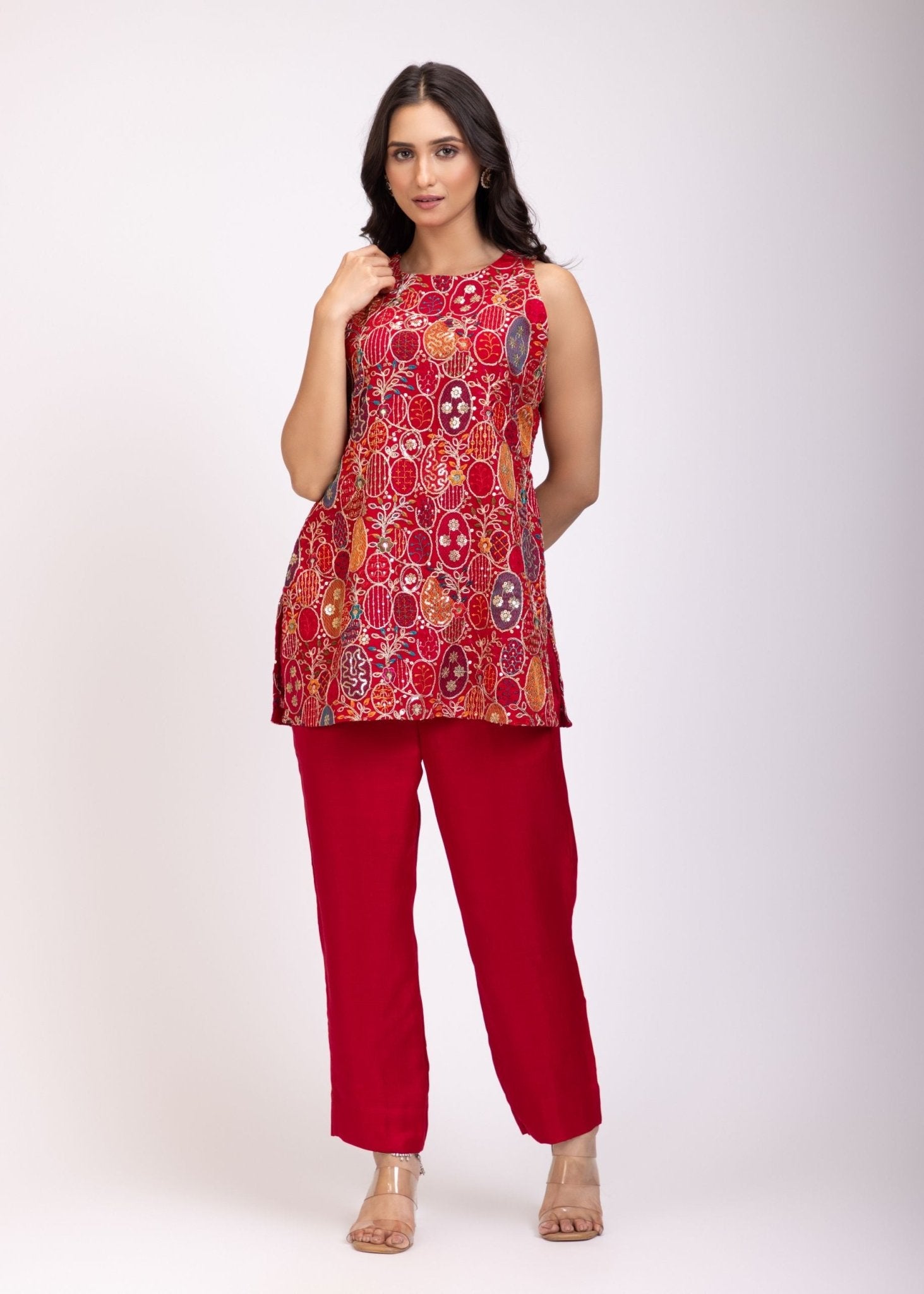 Red Embroidered Cord Set - Anvi Couture