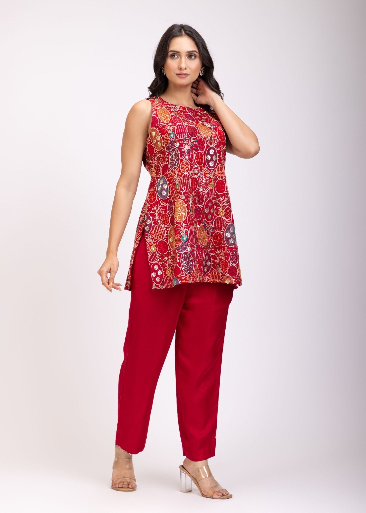 Red Embroidered Cord Set - Anvi Couture