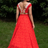 Red Floral Printed Crop Top Lehenga Set With Embroidered Border - Anvi Couture