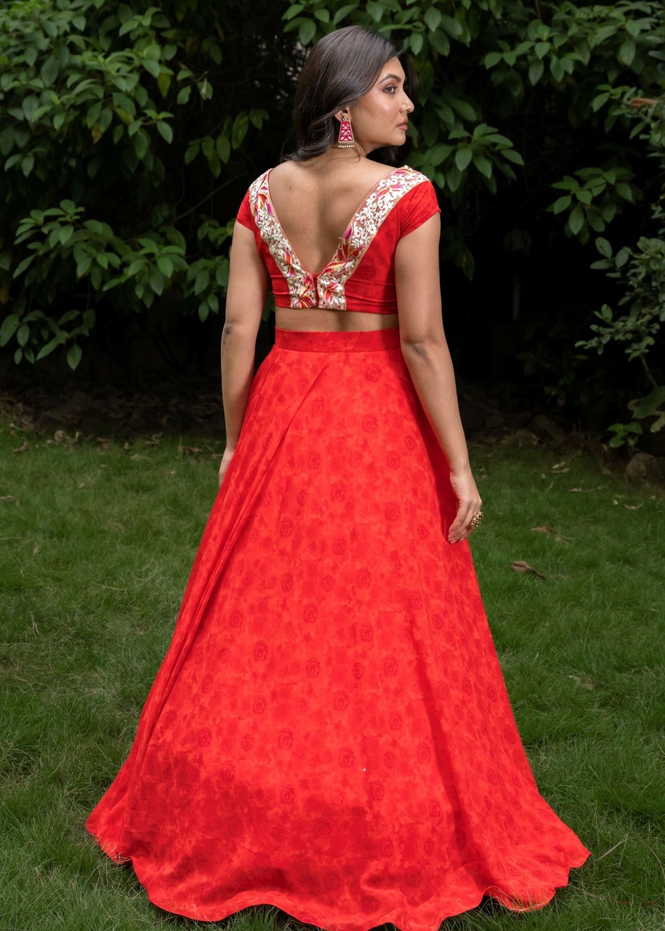 Red Floral Printed Crop Top Lehenga Set With Embroidered Border - Anvi Couture