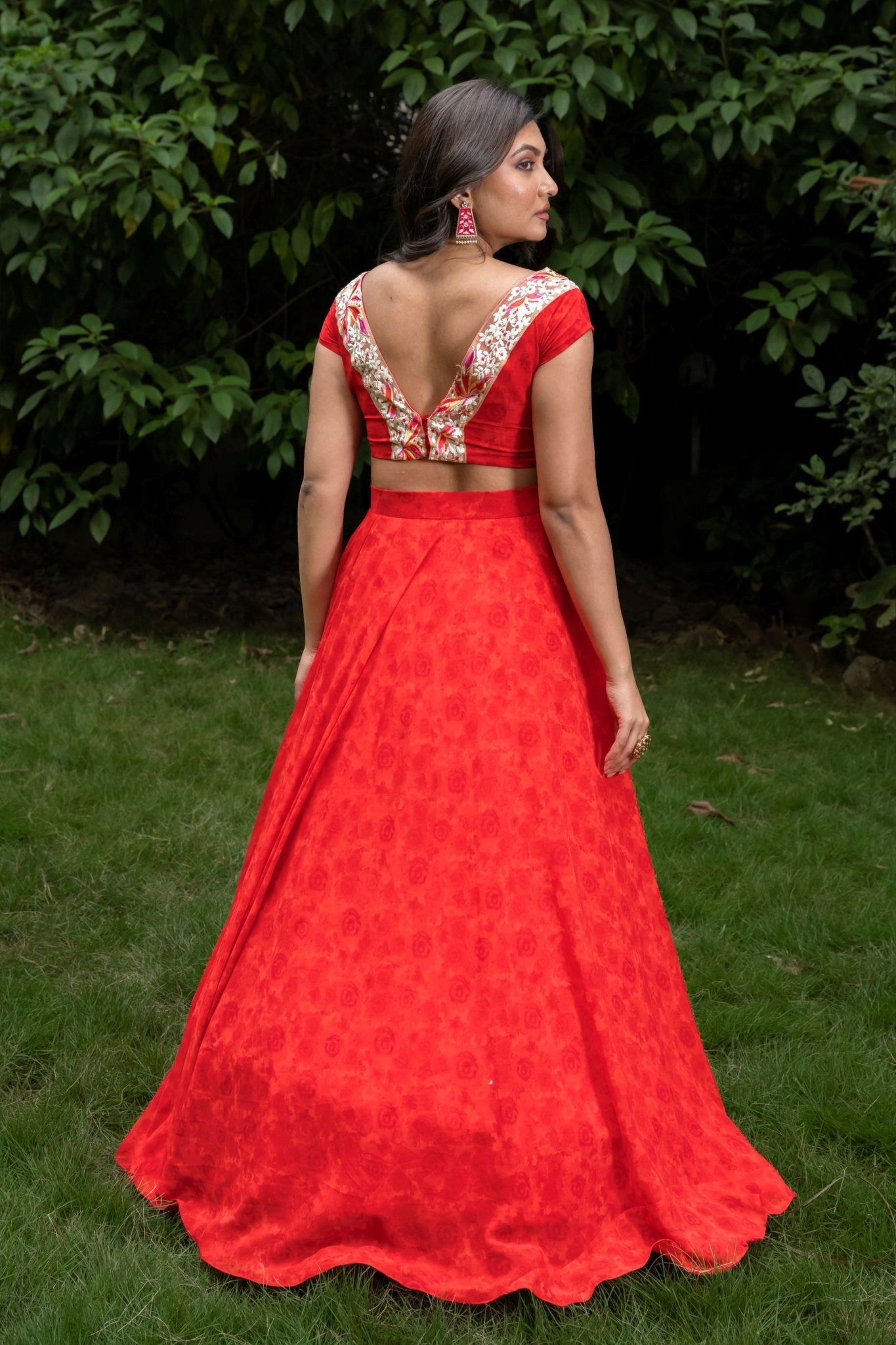 Red Floral Printed Crop Top Lehenga Set With Embroidered Border - Anvi Couture