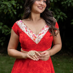 Red Floral Printed Crop Top Lehenga Set With Embroidered Border - Anvi Couture