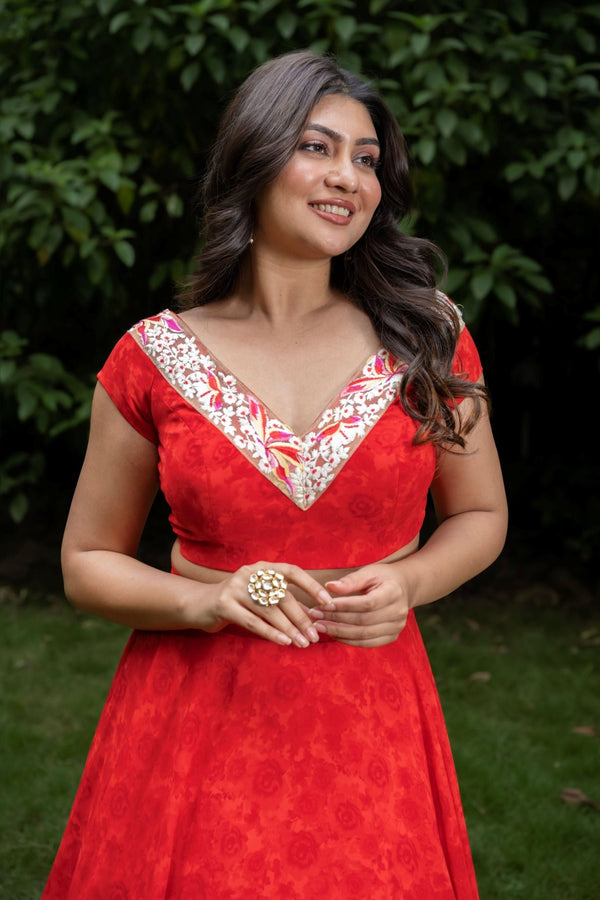 Red Floral Printed Crop Top Lehenga Set With Embroidered Border - Anvi Couture