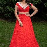 Red Floral Printed Crop Top Lehenga Set With Embroidered Border - Anvi Couture