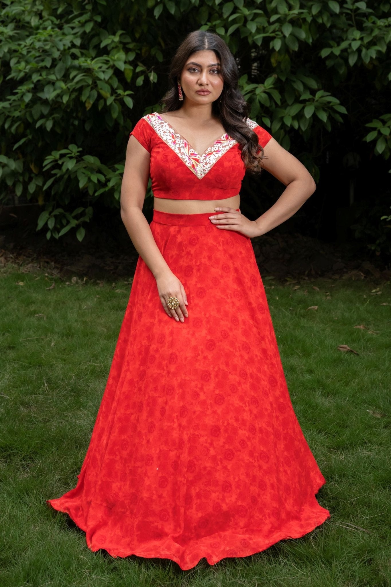 Red Floral Printed Crop Top Lehenga Set With Embroidered Border - Anvi Couture