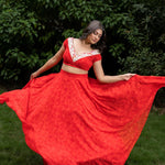 Red Floral Printed Crop Top Lehenga Set With Embroidered Border - Anvi Couture