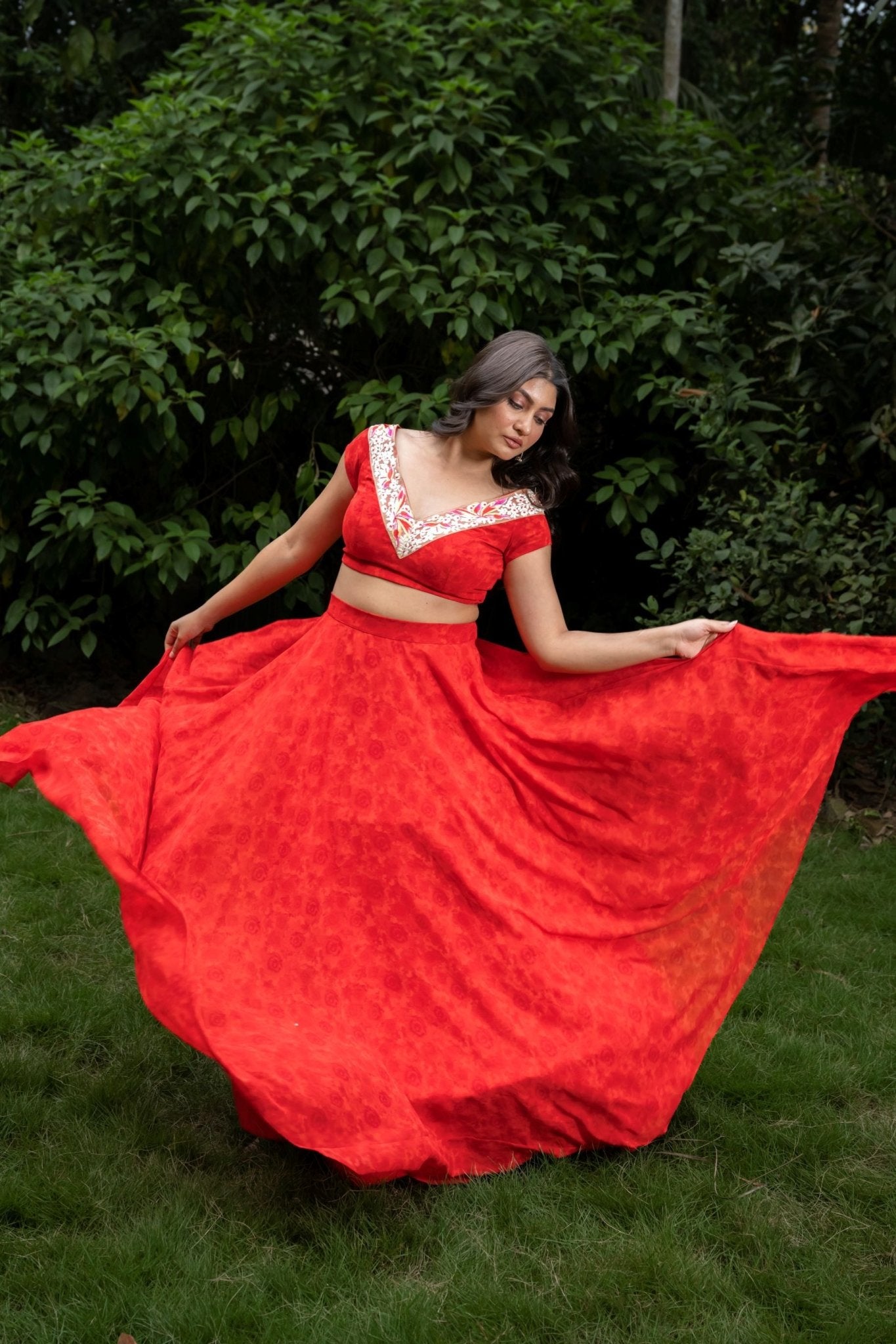 Red Floral Printed Crop Top Lehenga Set With Embroidered Border - Anvi Couture
