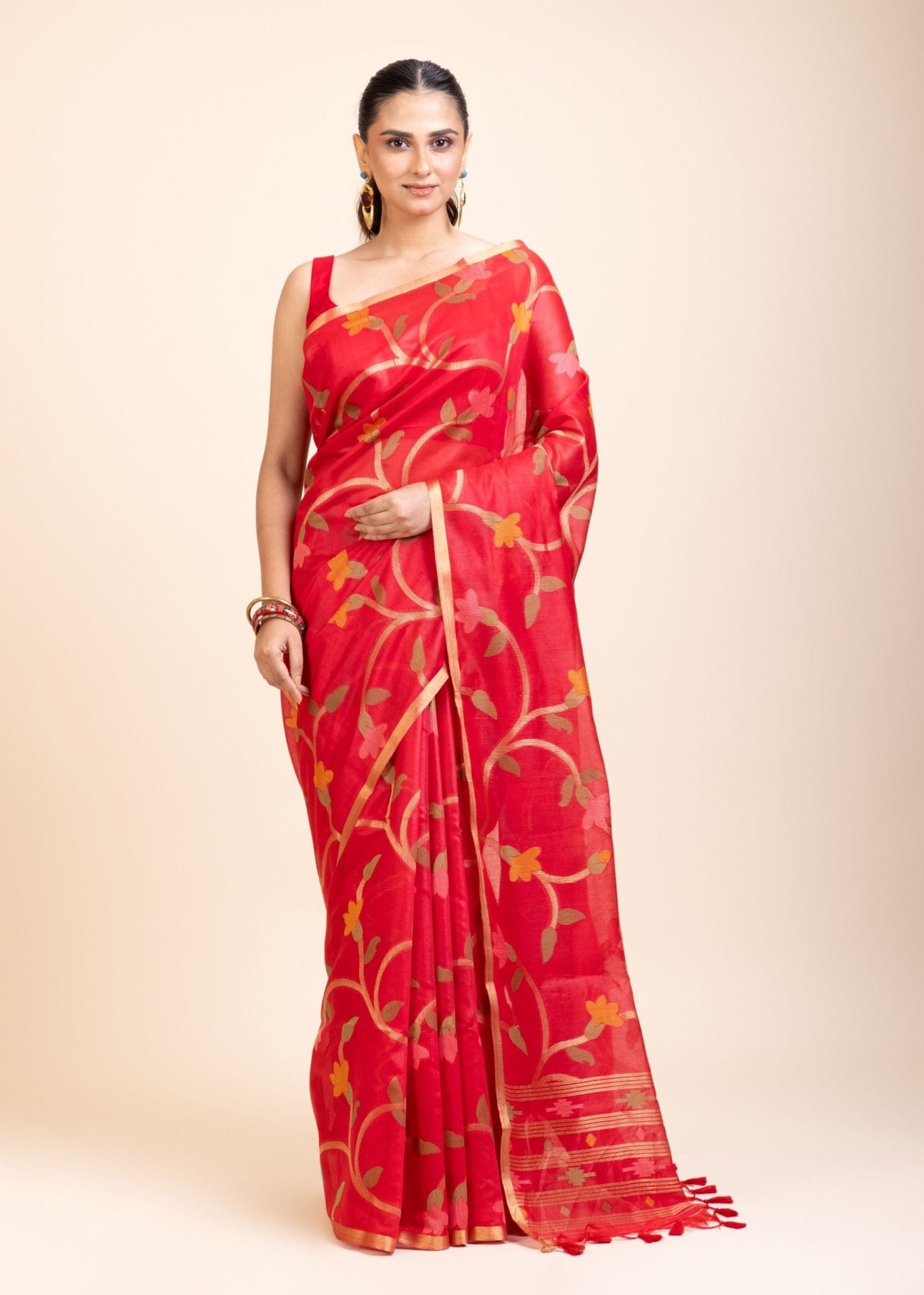 Red Floral Woven Chanderi Silk Saree - Anvi Couture