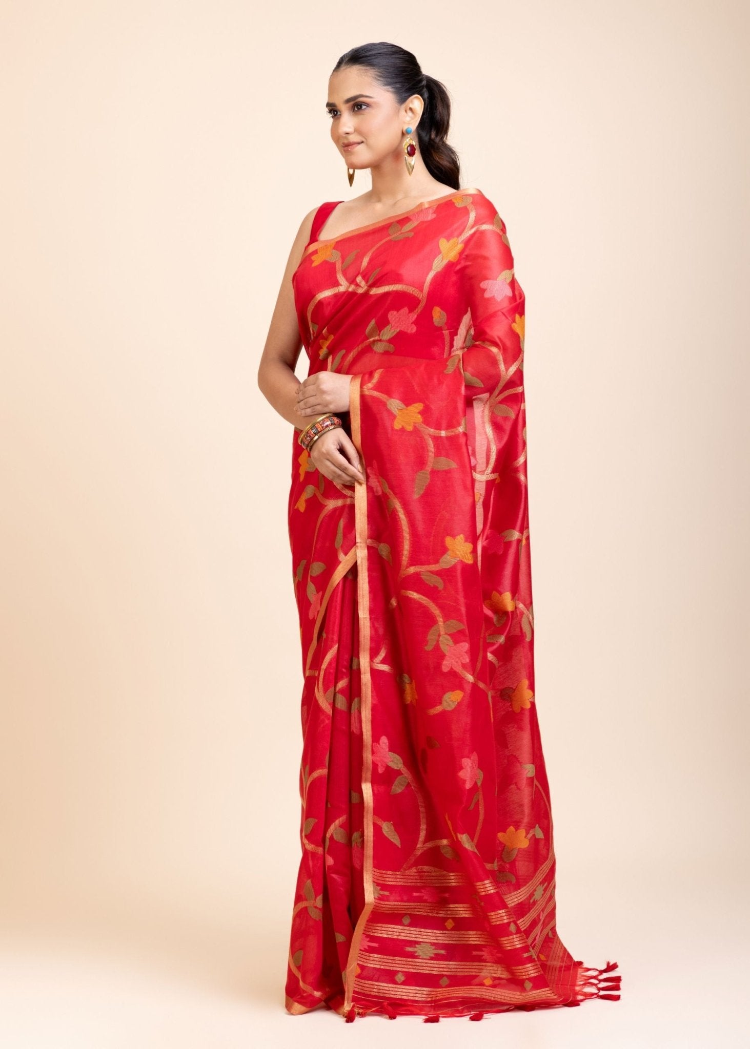 Red Floral Woven Chanderi Silk Saree - Anvi Couture